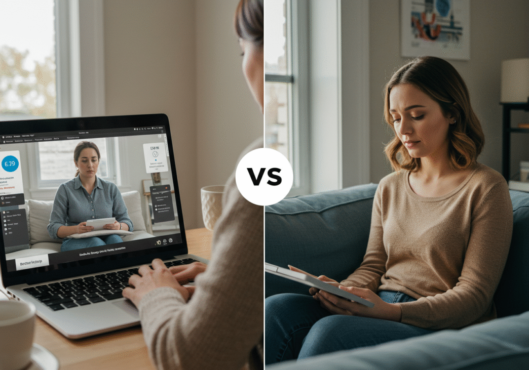Split-screen comparison of online therapy sessions with BetterHelp on the left and Talkspace on the right, showing clients connecting with therapists virtually in comfortable home setting