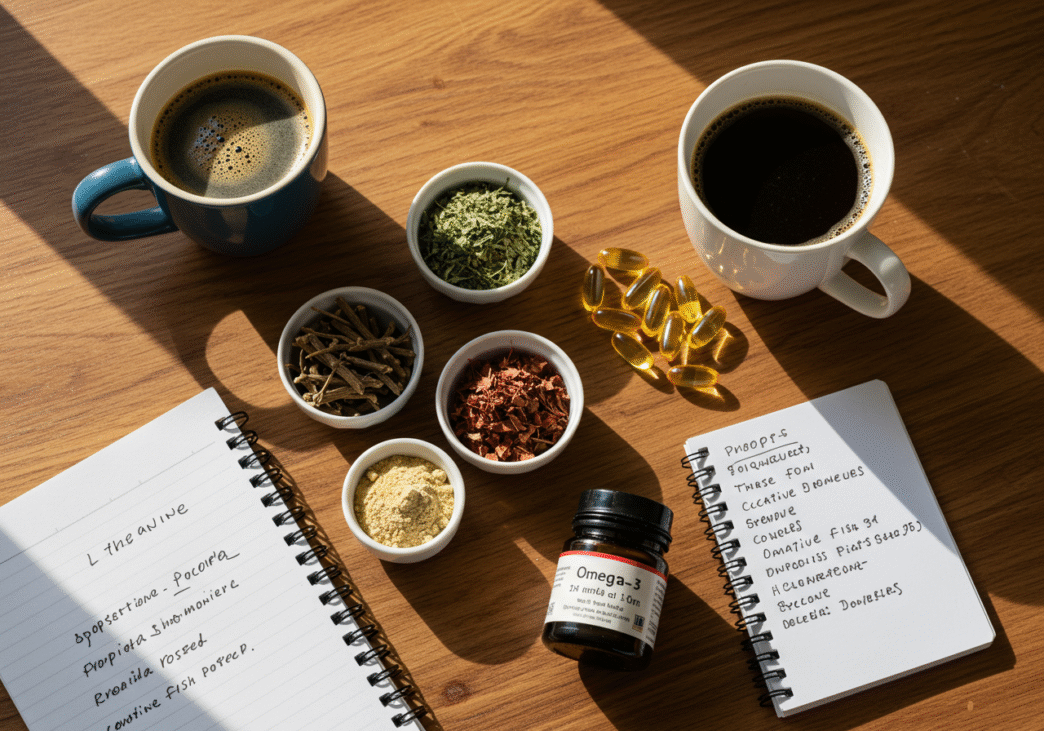 Various nootropic supplements arranged on a wooden surface including L-theanine powder, coffee, bacopa leaves, rhodiola root, creatine, and fish oil capsules.