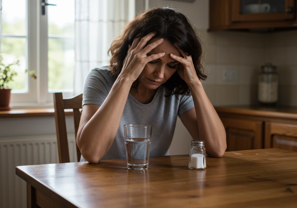 Person experiencing keto flu symptoms with headache, sitting at kitchen table with electrolyte supplements nearby