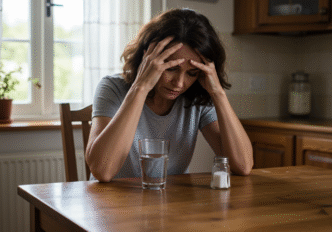 Person experiencing keto flu symptoms with headache, sitting at kitchen table with electrolyte supplements nearby